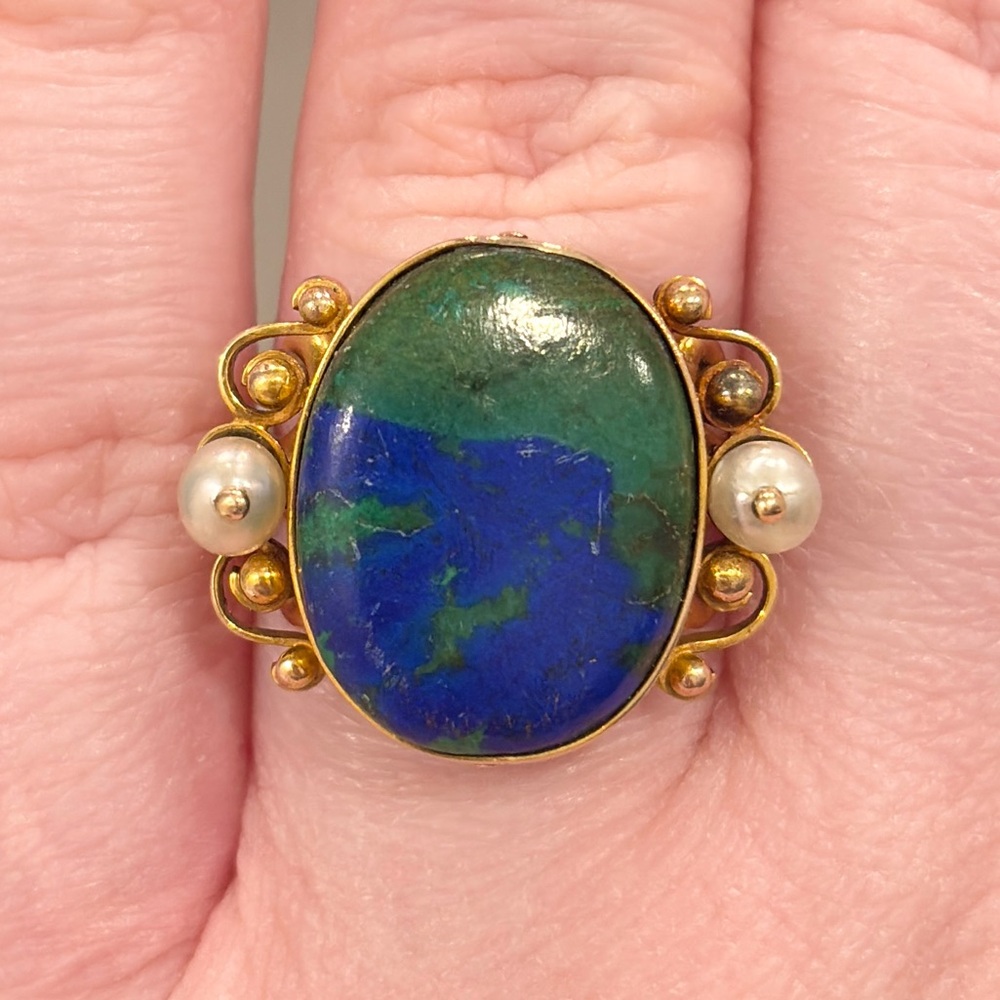 Vintage 14K Green Blue Turquoise Pearl Ring, 1940s, Size 7.5, Milgrain Luxury